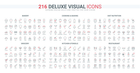 Baking and cooking tools, bakery and food of grocery shop basket, diet line icon set. Celebration in restaurant, chefs kitchen equipment thin black and red outline symbols vector illustration