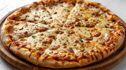 Classic cheese pizza with a perfectly baked crust, served on a wooden plate, isolated on a minimalist white background