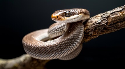 Fototapeta premium A snake coiled on a branch with detailed scales, isolated against a dark background.