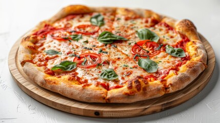 Classic Margherita pizza with a fresh tomato base, served on a wooden plate against a bright white background