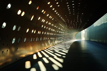 Illuminated tunnel showcasing reflective patterns and unique architecture during the golden hour in...