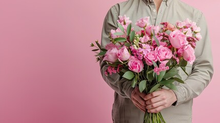 Photo of cropped man arm hold big bright decorated bunch giving girlfriend valentine day romance gift present bouquet composition isolated pink color
