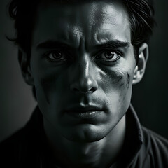 A man with intense eyes and a rugged face, showing determination and hardship.