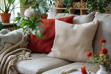 A stylish corner of a living room features a beige sofa with decorative cushions, surrounded by lush green plants. Soft textures create a warm and inviting atmosphere filled with natural light
