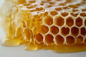 Isolated Honeycomb with Drizzling Honey on White Background, food, sweet, dessert, organic