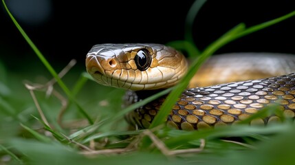 A close-up of a snake resting in lush green grass, showcasing its intricate scales and eyes.