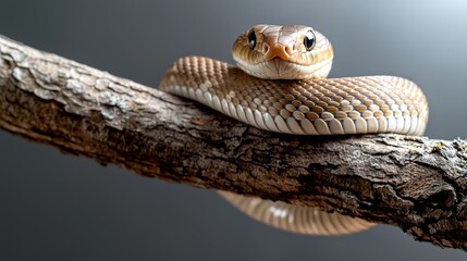 Fototapeta premium A close-up of a snake resting on a branch, showcasing its scales and natural habitat.