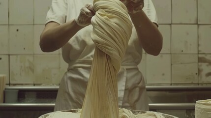 A Cook Making Long, Thin Noodles in a Kitchen