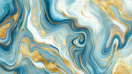 Obraz premium Abstract blue and gold marbled background with flowing liquid patterns and glittery textures.