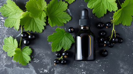 Top view of blackcurrant seed oil bottle with fresh berries and leaves on dark stone background. Natural ingredient for beauty, health, and culinary use. Concept of organic skincare, luxury cosmetics