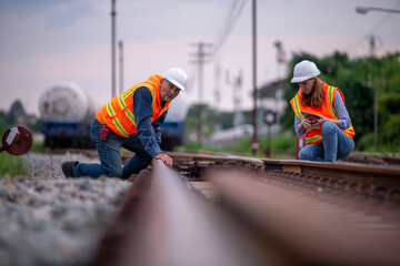 Engineer railway engaged in discussion or inspection maintenance work greenery and gas or oil power...