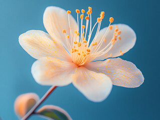 a close-up of a flower with droplets of water on its petals, set against a blue background.
