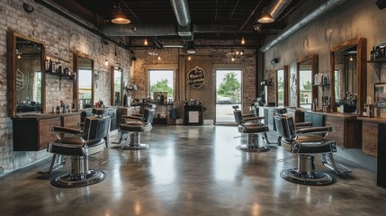 Naklejka premium Sleek, modern men's barber shop with industrial decor, featuring exposed pipes, polished concrete floors, and stylish barber chairs.