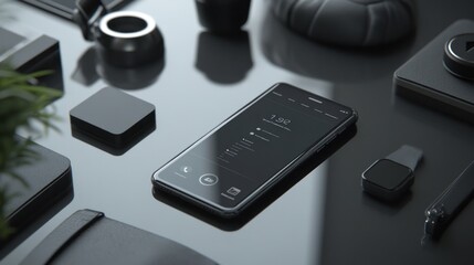 A modern smartphone lies on a black desk with other accessories.