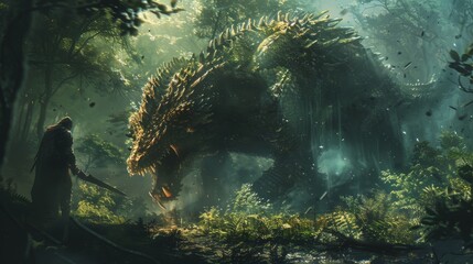 Epic battle scene featuring a hero clashing with a massive scaled beast in a rich, enchanted woodland