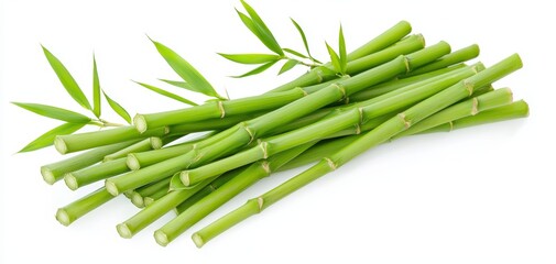 Fototapeta premium A cluster of fresh green bamboo stalks, with small leaves attached, isolated on a pure white background