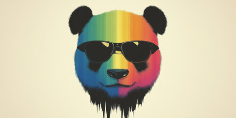 Fototapeta premium Cool panda wearing sunglasses with a rainbow fur pattern.