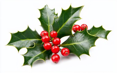 A cluster of holly leaves and bright red berries, isolated on a clean white surface