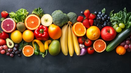 Rainbow bounty, top view Fresh organic fruits and vegetables form vibrant seamless row