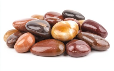 A collection of smooth pebbles in earthy tones, arranged organically on a white background