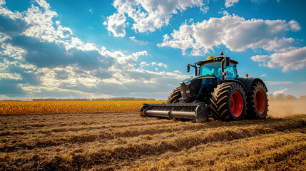 Obraz premium A large tractor is driving through a field of corn