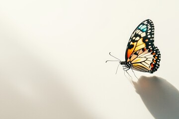 Obraz premium A delicate butterfly with multicolored wings, hovering above a soft shadow on a white background