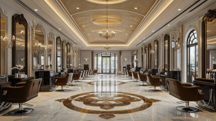Spacious, luxurious hair salon with marble floors, intricate ceiling details, and plush velvet chairs creating a chic and opulent environment.