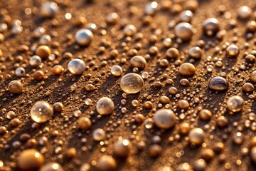 Dew drops on sandy dirt texture in warm sunlight