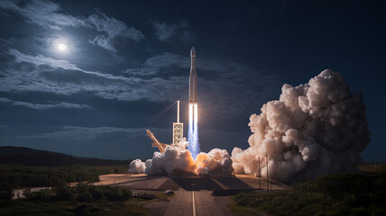 cinematic shot of nighttime rocket launch, showcasing powerful ascent against moonlit sky. scene captures excitement and awe of space exploration
