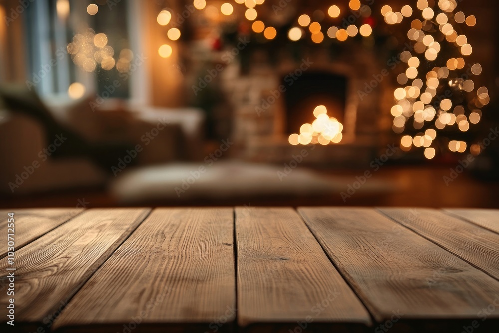 Poster Wooden table top fireplace background christmas.