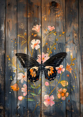 Fototapeta premium Butterfly And Spring Flower on Wood Planks Poster, Home Decoration Wall Art Canvas