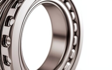A detailed close-up of a ball bearing, its smooth metallic surfaces and inner rings, isolated on white