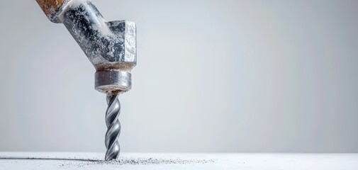 A detailed close-up of a heavy-duty jackhammer with a metal drill bit, isolated on a clean white surface