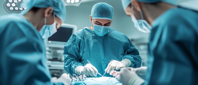 A focused surgeon performing a procedure in a hospital operating room, surrounded by a medical team during surgery, emphasizing precision and care..