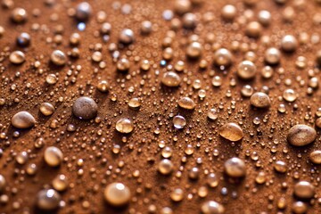 Water droplets on brown dirt texture reflecting light