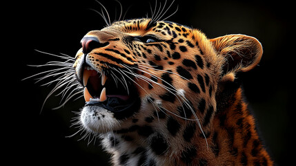 Obraz premium A fierce leopard roaring with a dramatic expression.