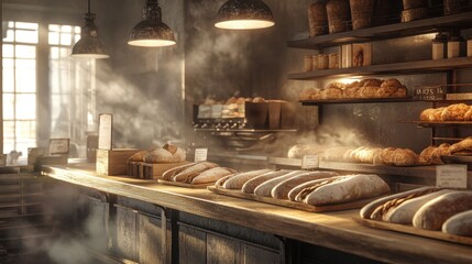 Steaming French baguettes just out of the oven, with rustic wood counters and warm bakery lighting, evoking a cozy atmosphere.