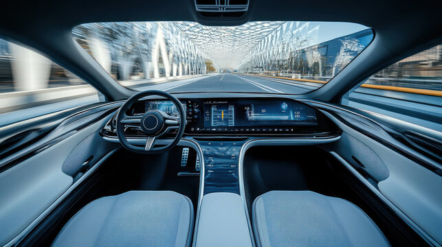 Futuristic car interior with sleek digital display