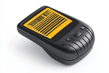 A barcode scanner scanning a product with a sale tag, isolated on a white background, symbolizing checkout on Black Friday