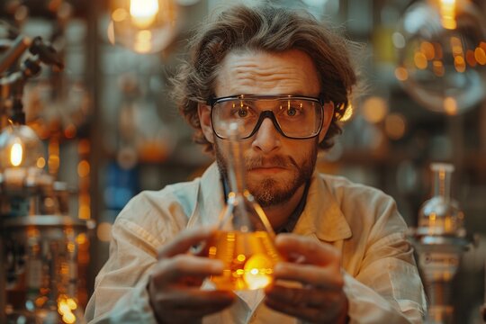 A scientist examines a flask filled with a bright orange liquid, surrounded by various lab equipment and glowing lights. The atmosphere is focused and experimental as he prepares for the next step