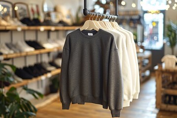 Naklejka premium A dark sweatshirt hangs prominently on a display rack in a modern retail store, featuring a cozy interior design with wooden shelves and stylish decor. The ambiance is inviting and warm