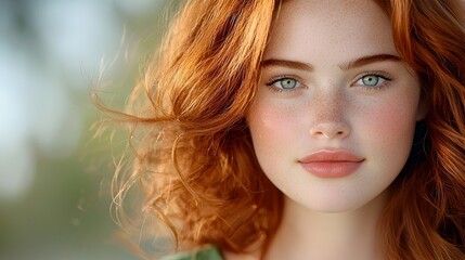 Captivating portrait of a young woman with flowing red hair standing in a windswept field with the setting sun highlighting her features and creating a warm ethereal glow around her  A serene