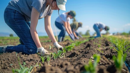 Volunteers Planting Seeds in a Field