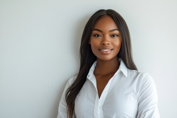 Fototapeta premium In a studio setting, African American women in white professional attire embody leadership and success, perfect for corporate visuals promoting diversity and inclusion.