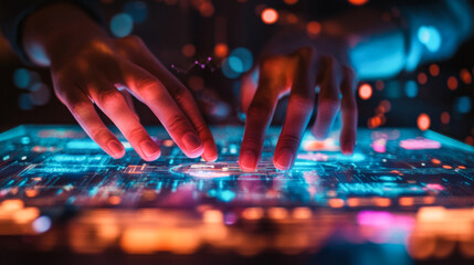 Glowing digital interface explored by curious hands