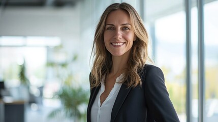 Naklejka premium Business woman standing in a modern office, smiling at the camera. 