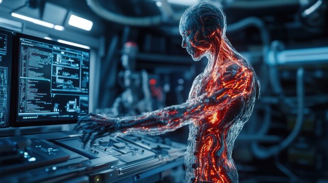 Futuristic human using digital controls and screens