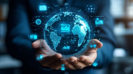 A businessman holds a digital globe in his hands, representing global connectivity and data flow.