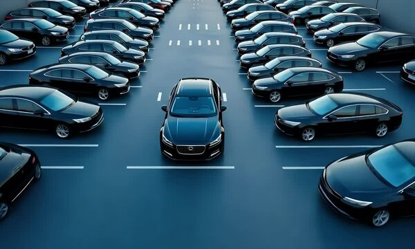 Cars parked in the parking lot, cars lined up on both sides of an empty space with white lines.