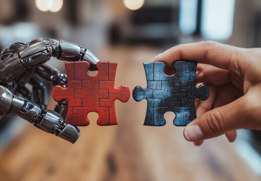 Human and robot hands connecting puzzle pieces